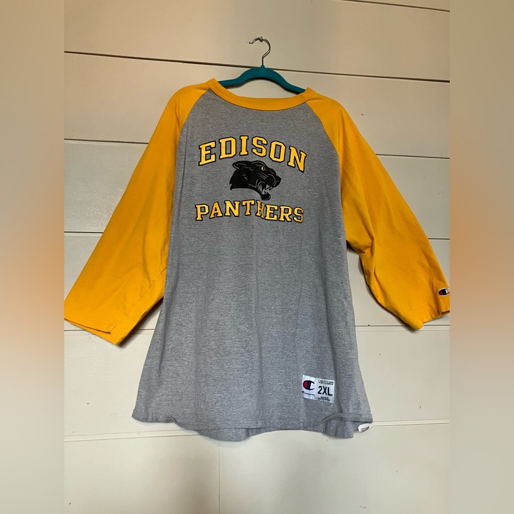 Champion men’s Gray and Yellow Edison Panthers Long Sleeve Tee